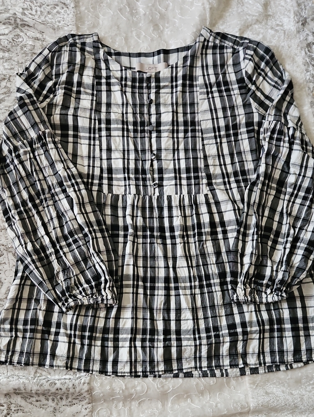 LOFT Black and White Plaid Button-Front Peasant Top